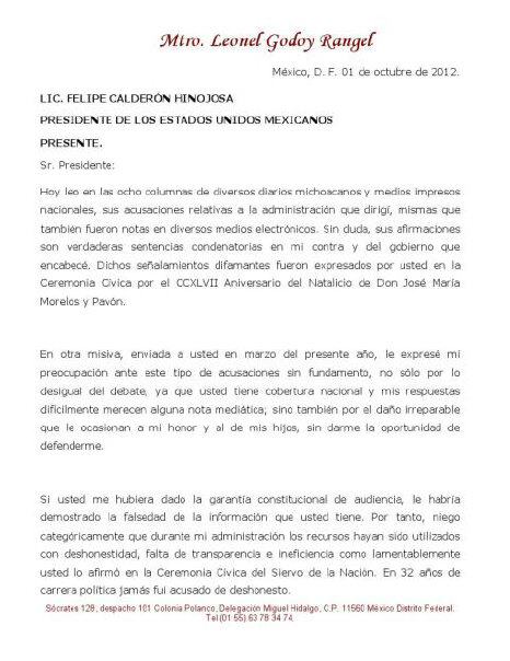 carta de leonel godoy a felipe calderon