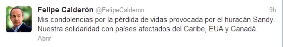 Felipe Calderón expresó por medio de Twitter las condolencias por víctimas de Sandy