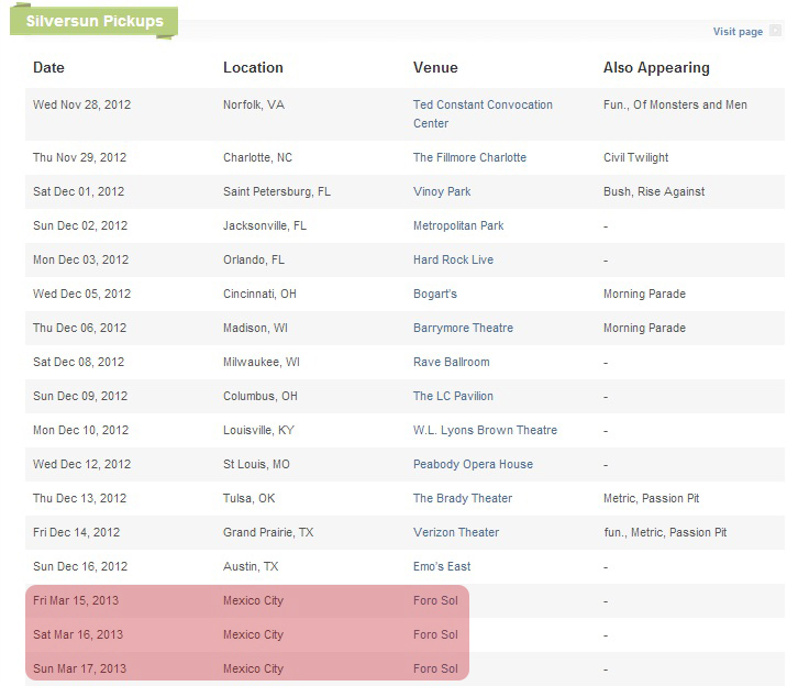 Silversun Pickups tendría 3 fechas en México en el Foro sol, mismos días y lugar que el Vive Latino 2013.