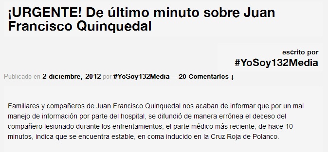 Declara #YoSoy132 fallecido a herido de San Lázaro, posteriormente lo desmienten, se encuentra estable