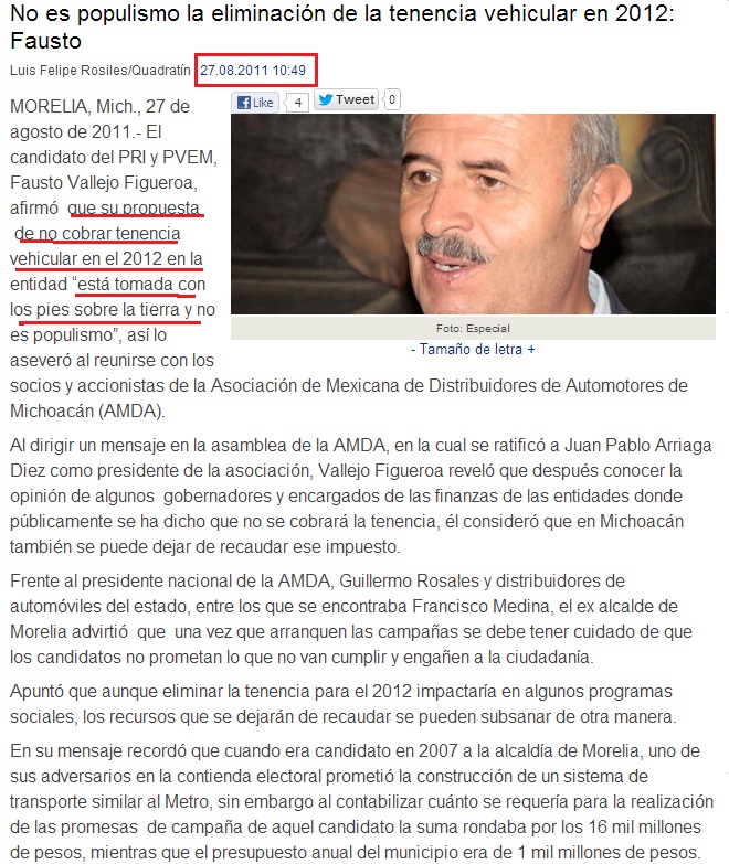 Medios como la agencia Quadratin recogieron la promesa de campaña del entonces candidato Fausto Vallejo