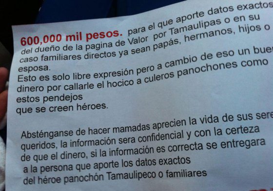 Valor Tamaulipas facebookero tuitero amenazado narco 2 recompensa
