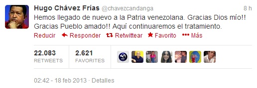 Hugo Chávez regresa a Venezuela