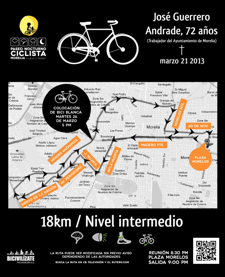 Morelia: Colocan bicicleta blanca en memoria de ciclista fallecido