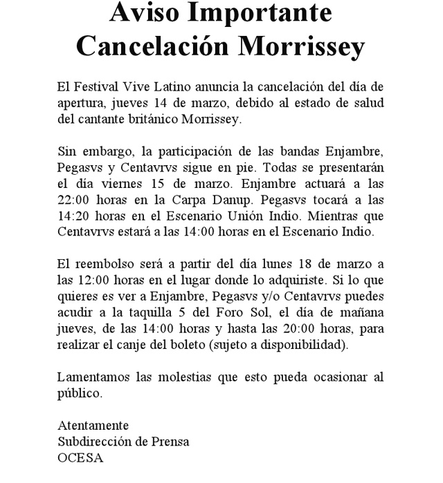 Cancela Morrissey presentación en el #VL13