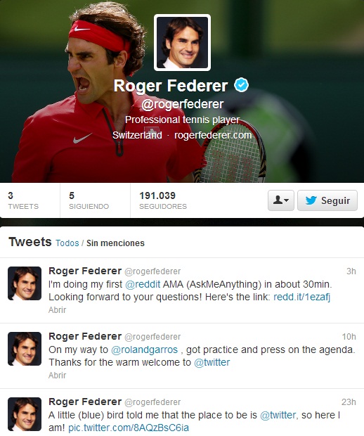 Estrena Roger Federer cuenta en Twitter