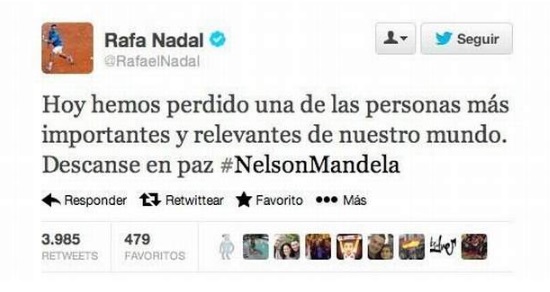 Por error Rafael Nadal anuncia muerte de Nelson Mandela por Twitter