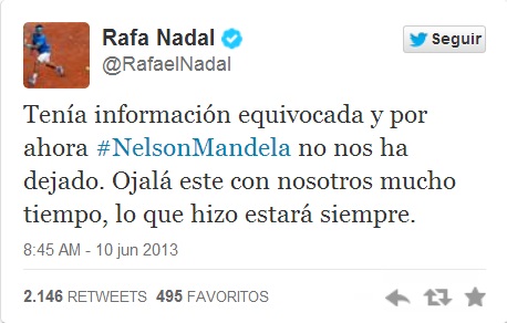 Por error Rafael Nadal anuncia muerte de Nelson Mandela por Twitter
