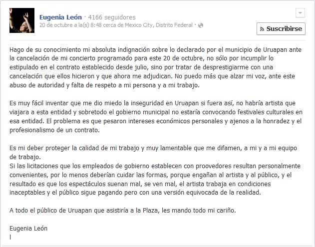 eugenia león declaración descontento uruapan