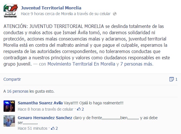 Juventud Territorial Morelia PRI se deslinda maltrato animal Facebook