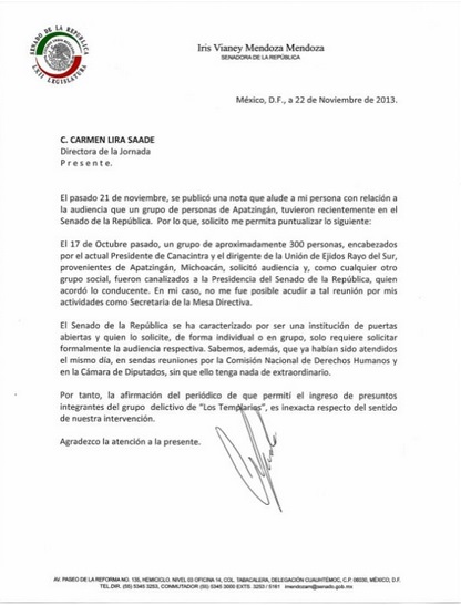 carta de la senadora Iris Vianey a La Jornada de la entrada de Templarios al Senado