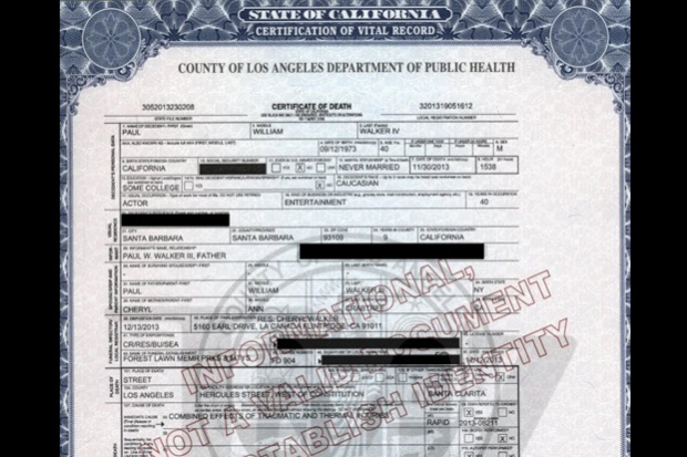 Certificado de defunción de Paul Walker