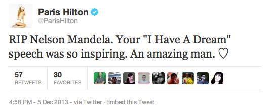 Paris Hilton pésame a Nelson Mandela confundiendo a Martin Luther King