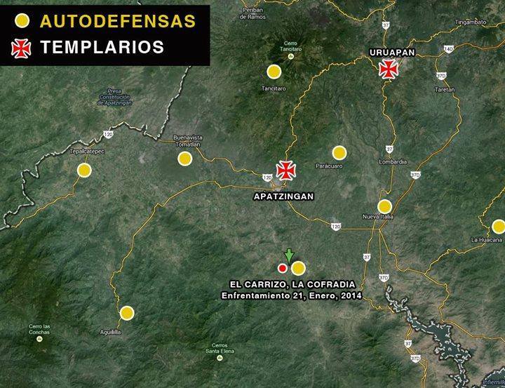 Mapa del avance de las Autodefensas hasta este miércoles 21 de enero / Vía Autodefensas de Michoacán 