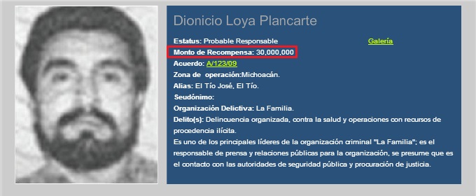 Dionicio Loya Plancarte El Tío recompensa PGR