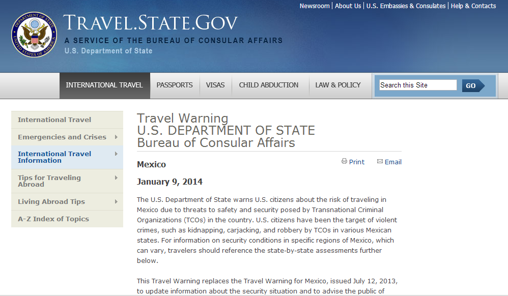Gobierno de USA alerta viajar a mx