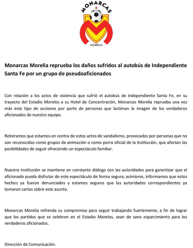 Monarcas Morelia comunicado agresión santa fe