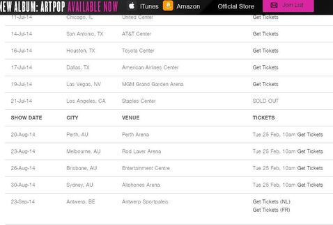 Lady Gaga tour dates 2014