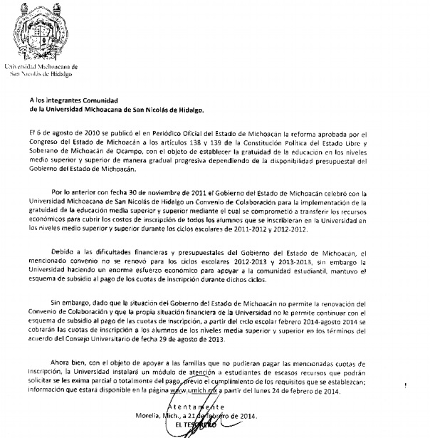 universidad michoacana fin a la gratuidad comunicado