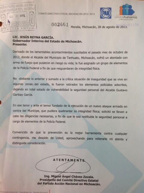 asesinato alcalde tanhuato oficio protección PAN