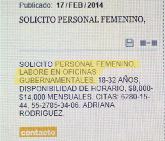 anuncio para red de prostición del PRI en el DF