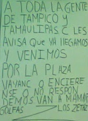 narcomensaje Los Zetas vs Golfo Tamaulipas