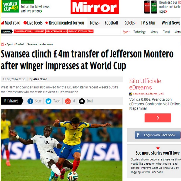 jefferson montero swansea mirror casi un hecho