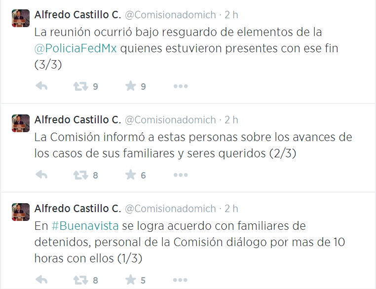tuit Alfredo Castillo diálogo con familiares de Buenavista