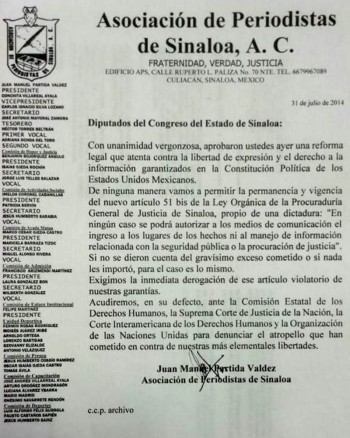 Asociación de Periodistas de Sinaloa, Ley Mordaza