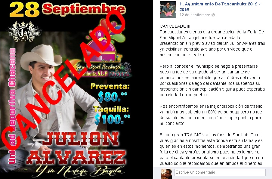 julión álvarez cancela concierto slp fb