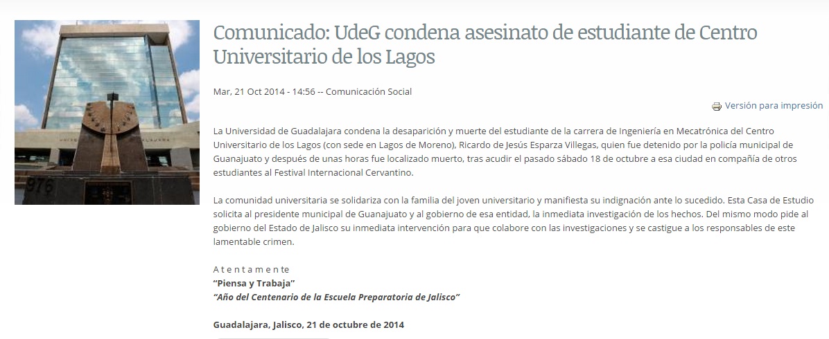 comunicado universidad Guadalajara por muerte de estudiante en el Cervantino