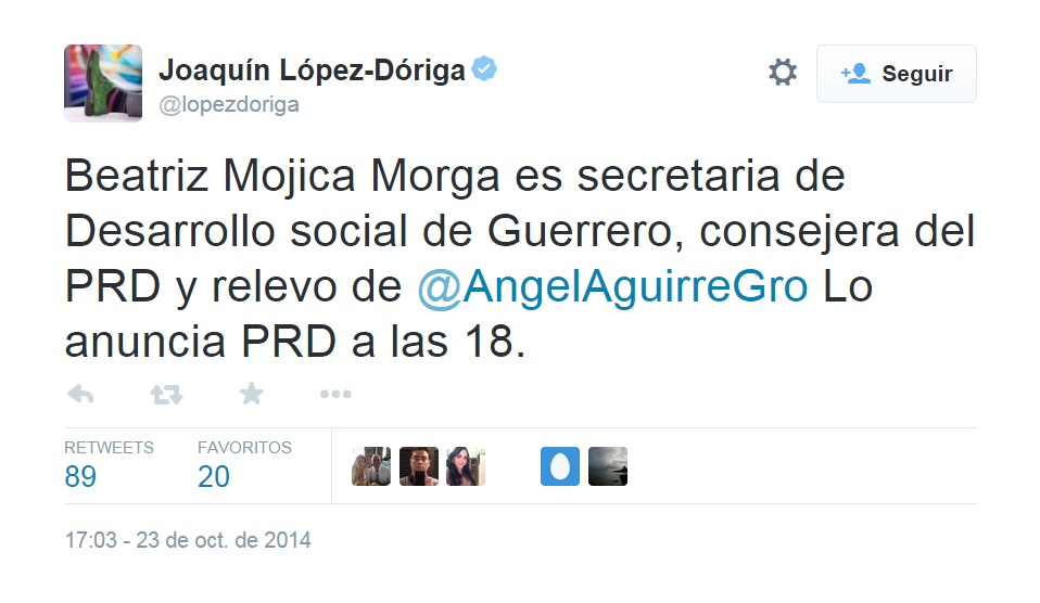 tuit López Dóriga confirma relevo de Ángel Aguirre