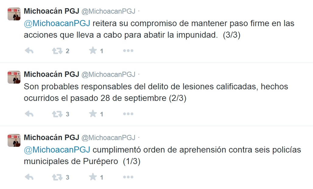 tuits PGJE orden de aprehensión policías de Purépero