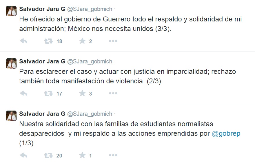 Salvador Jara tuits respaldo al gobierno de Guerrero y familias de normalistas