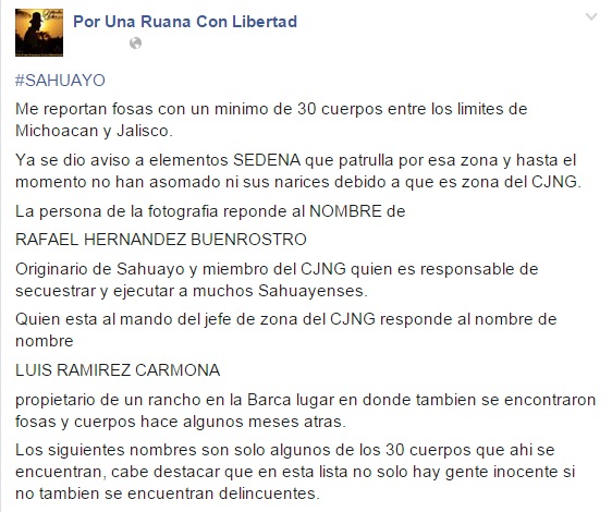 fosas clandestinas en Michoacán Por Una Ruana Con Libertad Facebook