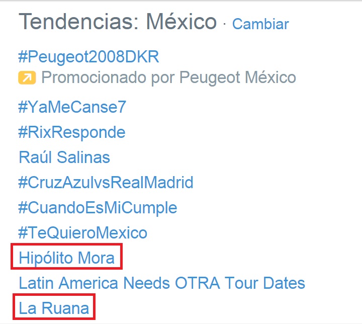Hipólito Mora y La Ruana tendencias en Twitter 16 diciembre 2014