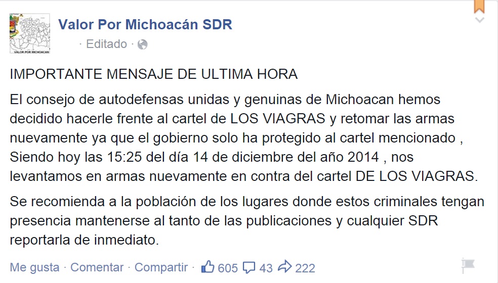 mensaje autodefensas se levantan de nuevo en armas Valor Por Michoacán SDR