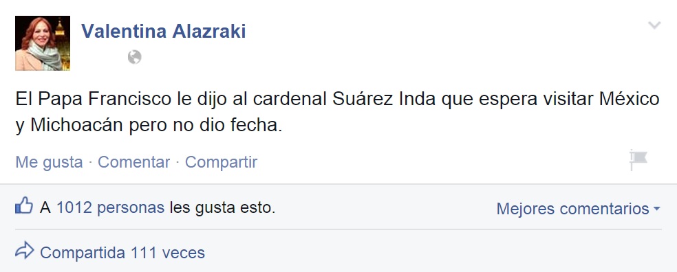 Valentina Alazraki Facebook visita papa Francisco a México y Michoacán