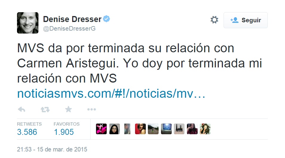 Denise Dresser renuncia a MVS tras despido de Aristegui Twitter