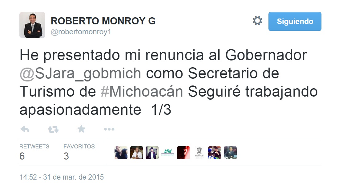 Roberto Monroy renuncia Sectur Michoacán