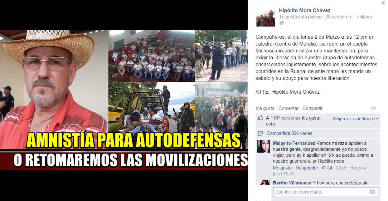 convocan manifestación por libertad de Hipólito Mora lunes 2 marzo