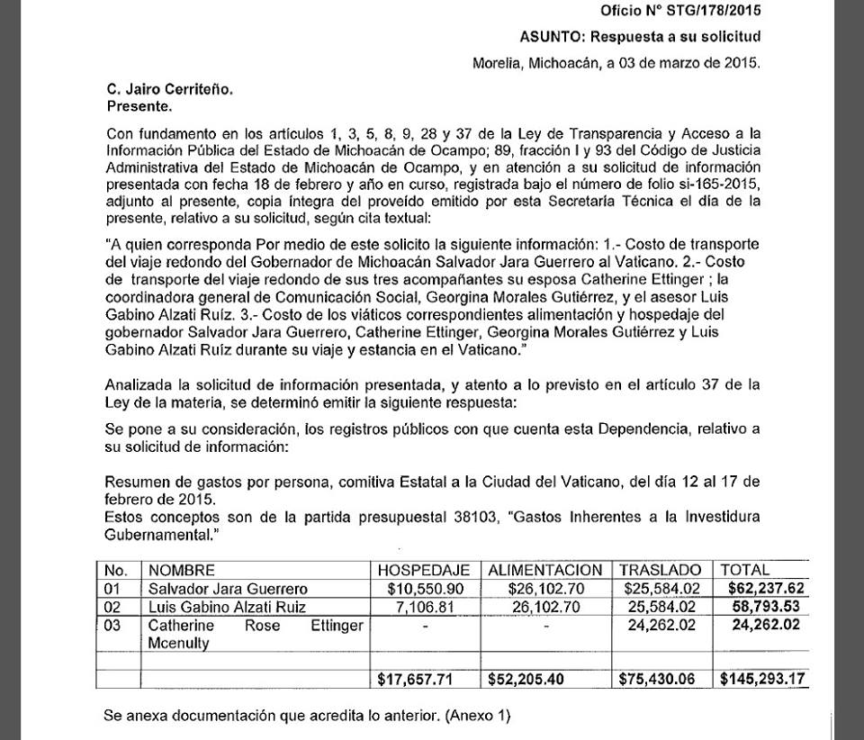 documento respuesta solicitud transparencia viaje a Roma del Gobierno de Michoacán