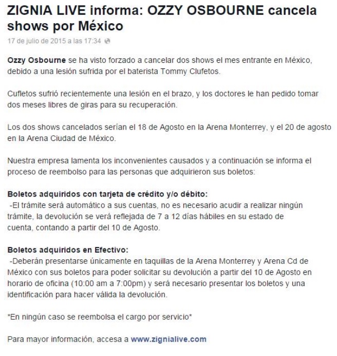 Ozzy Osbourne cancela shows en México