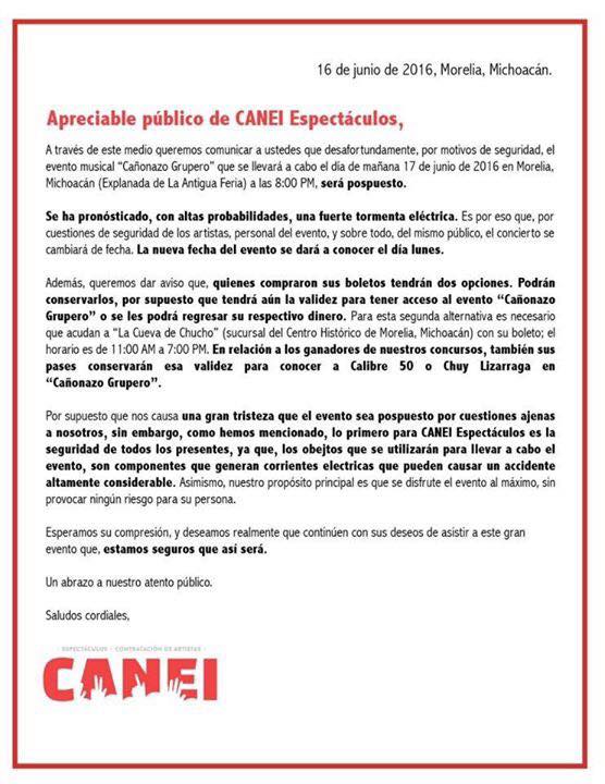 comunicado cancelacion de baile calibre 50-