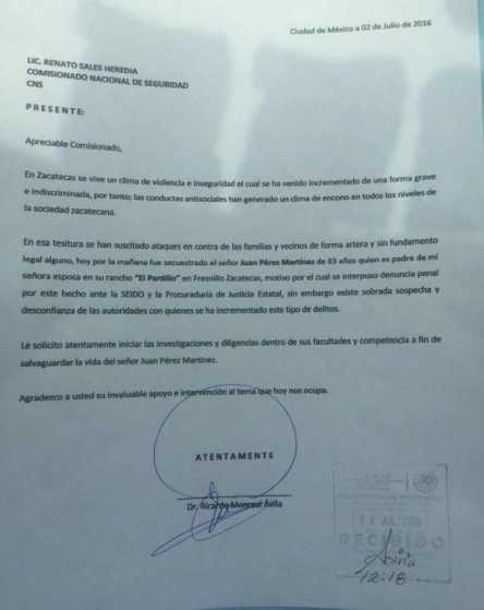 carta Ricardo Monreal secuestro suegro