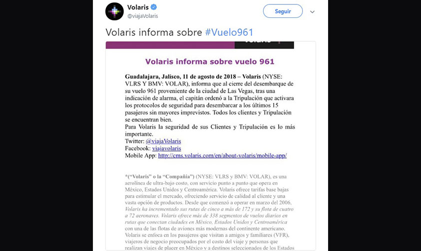 falla mecánica Volaris LAS GDlL vuelo 961 comunicado