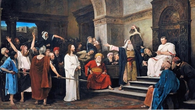 Ilustración de Poncio Pilatos ordenando crucifixión de Jesús