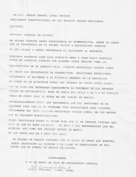 Esta es la carta que la mamá del Chapo le entregó ayer al presidente