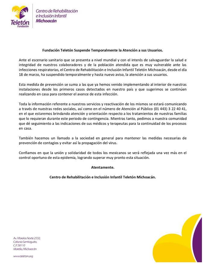 CRIT Teletón Michoacán Suspenderá Atención Por Coronavirus