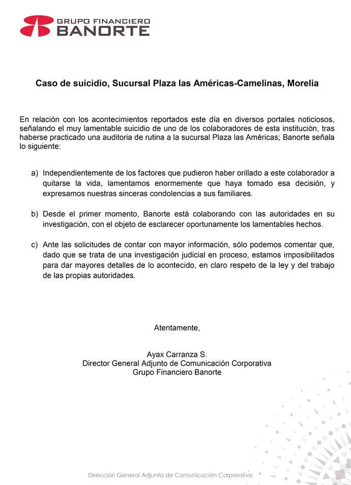 comunicado Grupo Financiero Banorte suicidio Las Americas Morelia